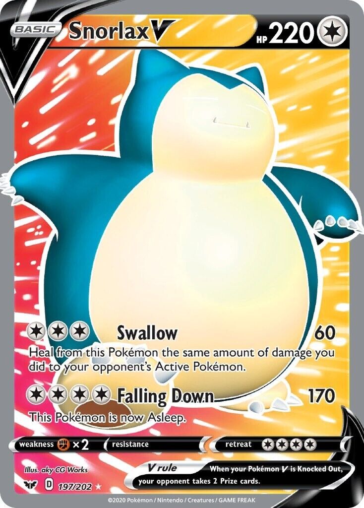 Snorlax V 197/202 Sword & Shield Base Full Art Pokemon Card Mint/NM