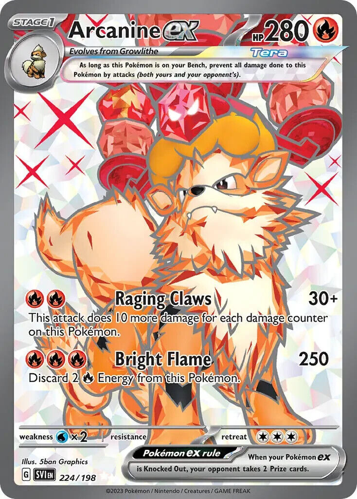 Arcanine ex 224/198 Scarlet & Violet Base Full Art Pokemon Card Mint/NM