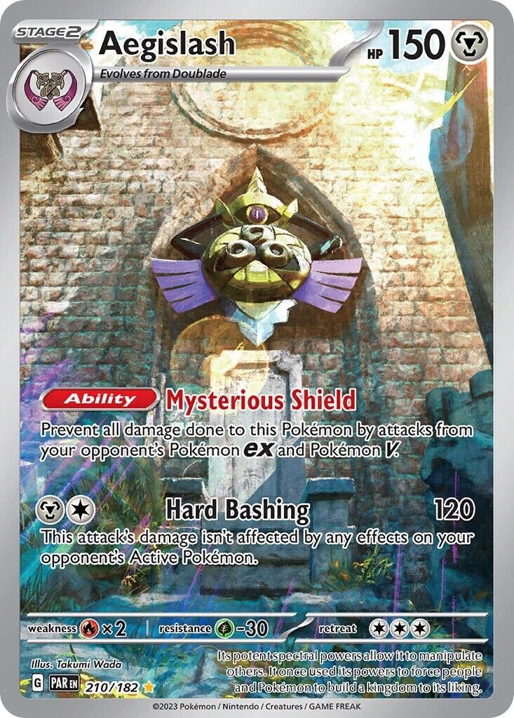which pokemon set has 182 cards Aegislash S&V 210/182 Illustration Rare Paradox Rift – PokePhD