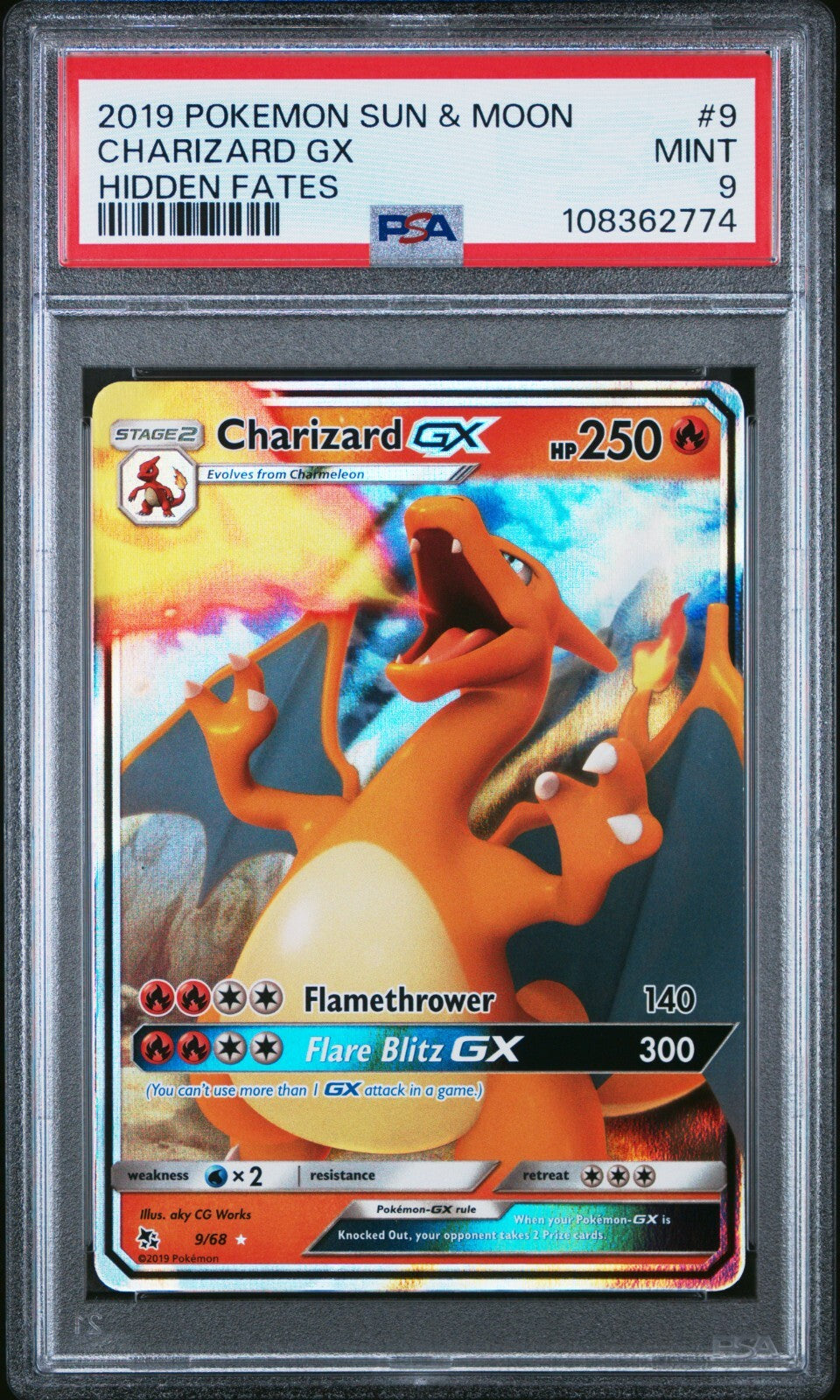 Charizard GX 9/68 SM Hidden Fates Full Art PSA 9 Pokemon Card