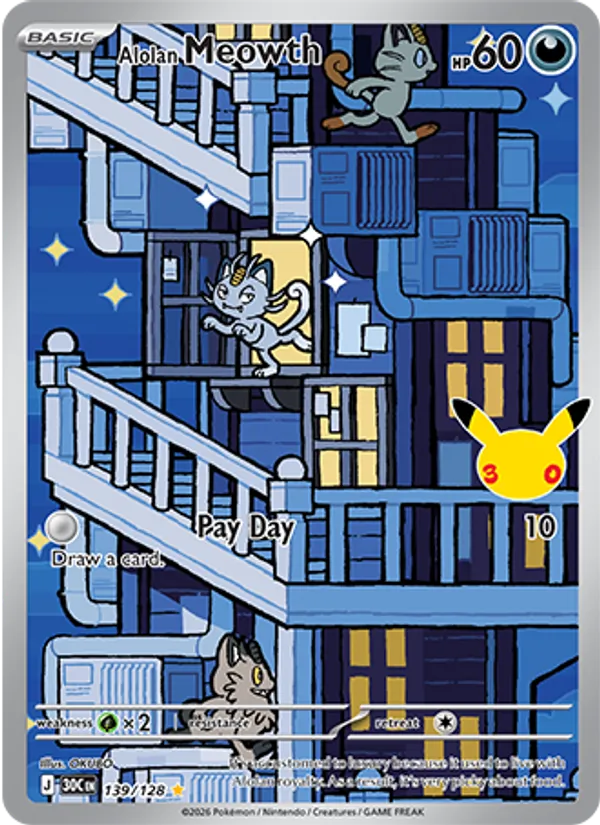 Alolan Meowth 139/128 30th Celebration Illustration Rare Pokemon Card NM