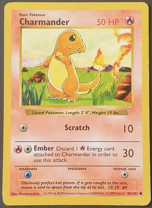 Charmander 46/102 Base Set Shadowless Pokemon Card WOTC LP