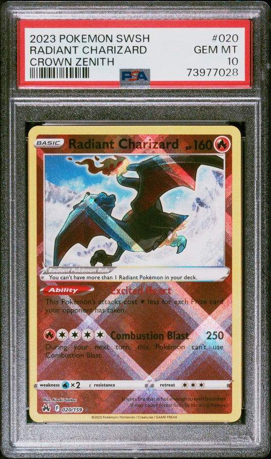 Radiant Charizard SWSH 020/159 Radiant Rare card from Crown Zenith set PSA 10 graded