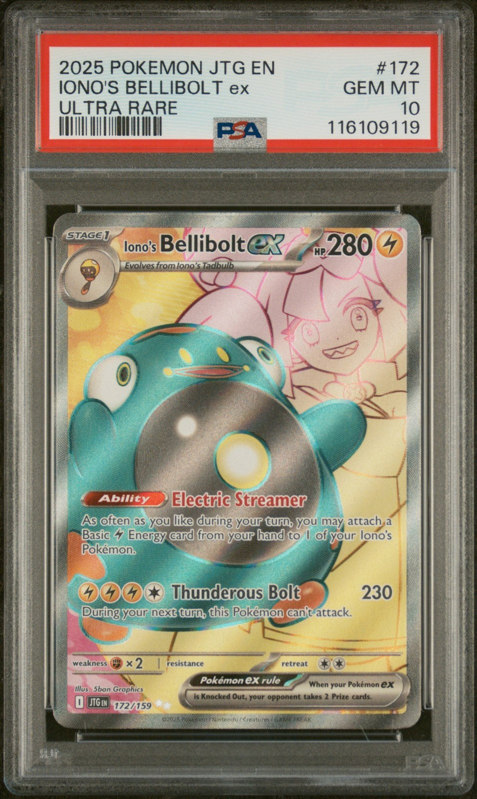 Iono's Bellibolt ex 172/159 Ultra Rare card from Journey Together set PSA 10 graded