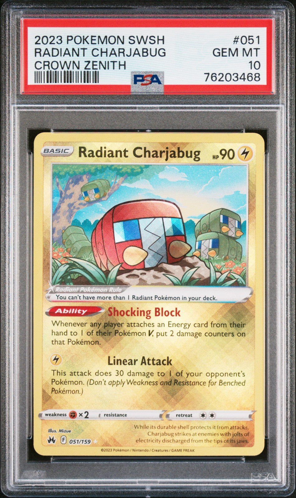 Radiant Charjabug SWSH 051/159 Radiant Rare card from Crown Zenith set PSA 10 graded