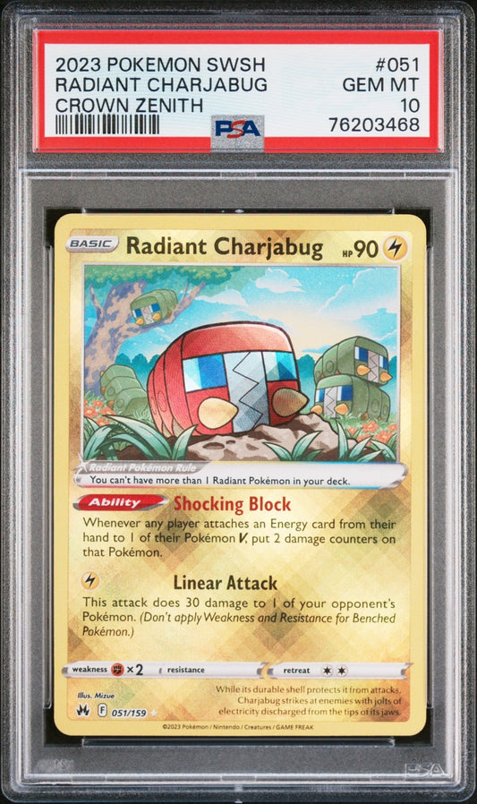 Radiant Charjabug SWSH 051/159 Radiant Rare card from Crown Zenith set PSA 10 graded