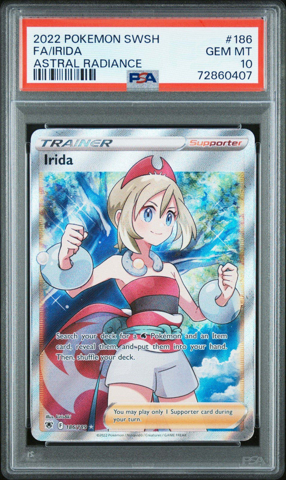 Irida SWSH Trainer 186/189 Full Art card from Astral Radiance set PSA 10 graded