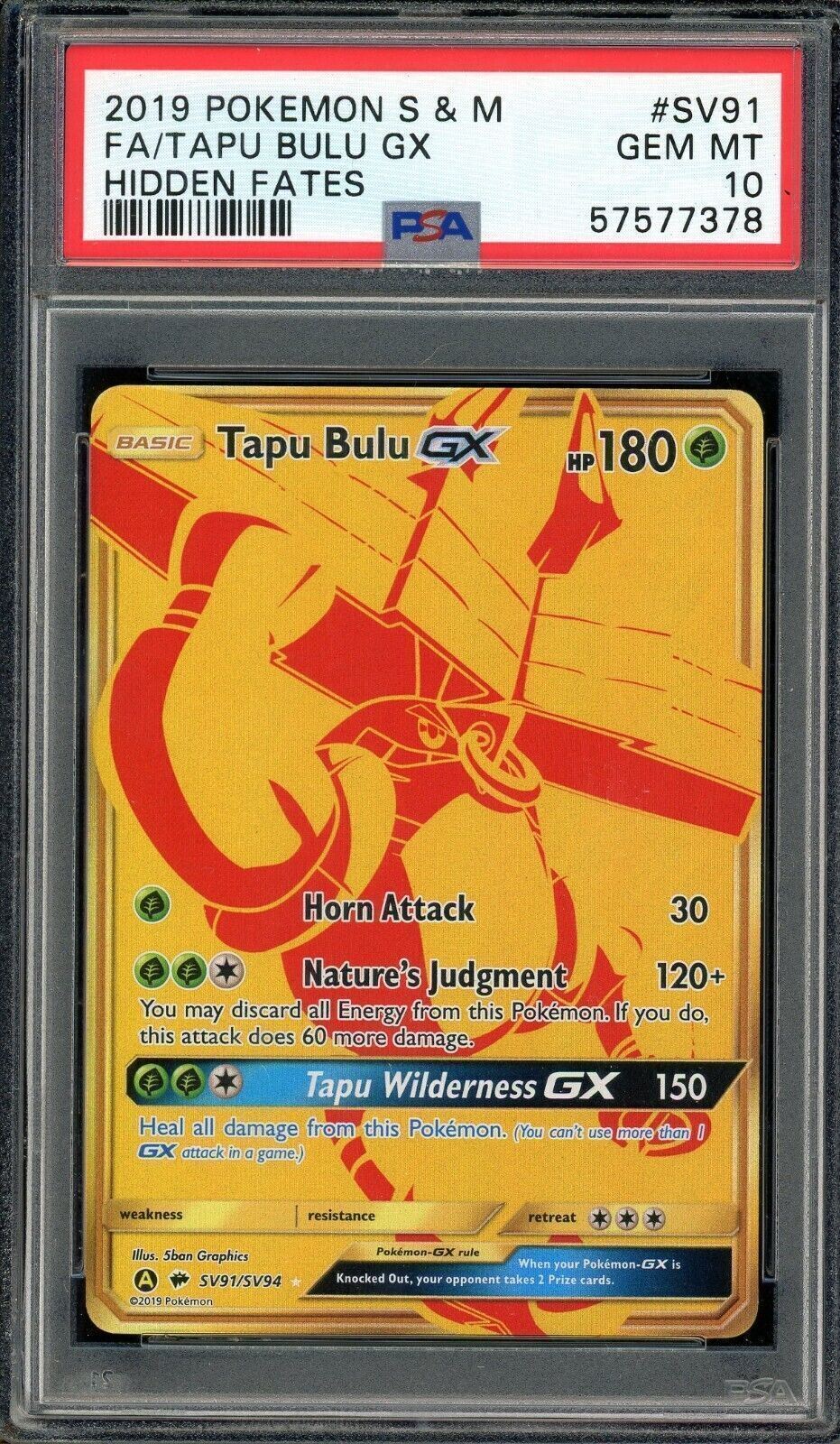 Tapu Bulu GX SV91/SV94 Hidden Fates Shiny Vault Full Art PSA 10 Pokemon Card