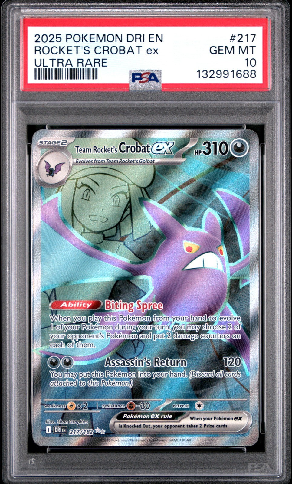 Team Rocket's Crobat ex Utra Rare 217/182 card from Destined Rivals set PSA 10 graded
