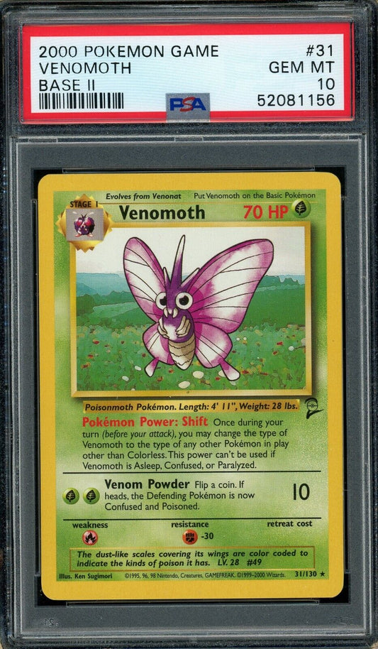 Venomoth 31/130 Base Set 2 II Non-Holo Rare PSA 10 Pokemon Card WOTC