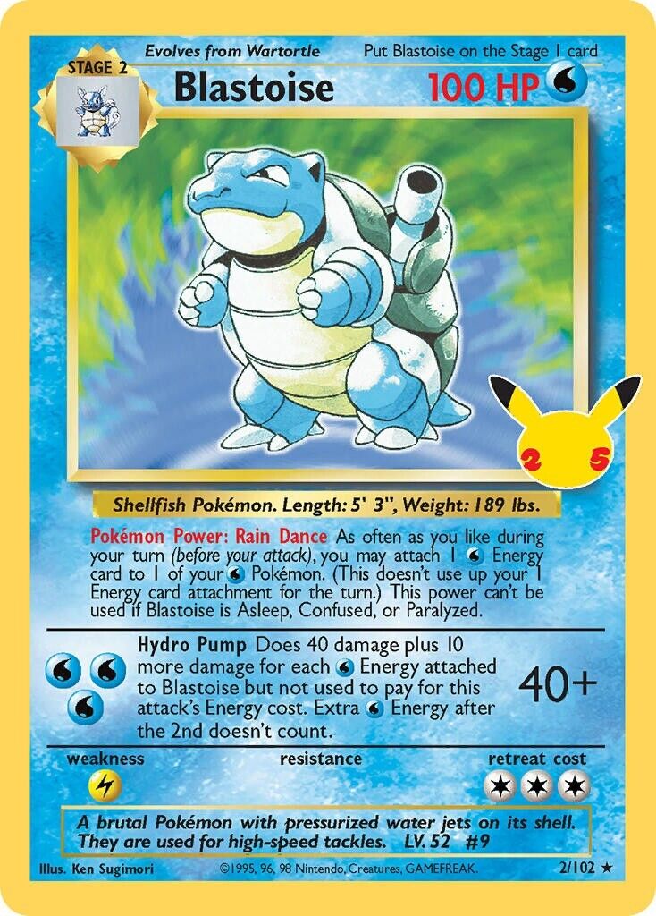 Blastoise 2/102 Celebrations 25th Anniversary Holo Rare Pokemon Card Mint/NM