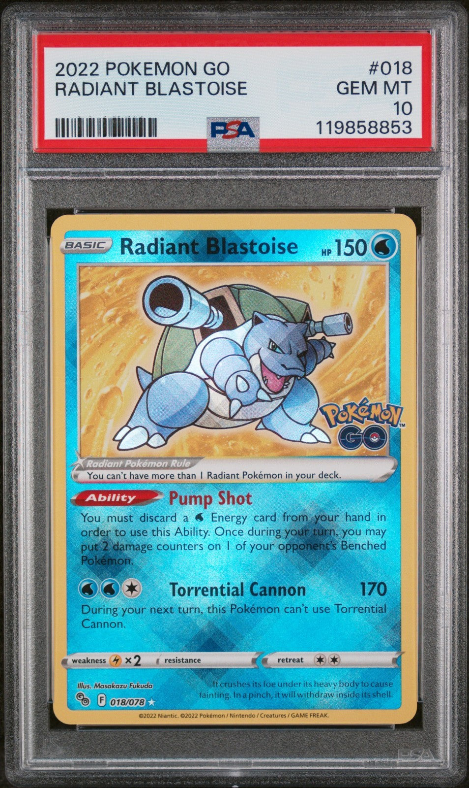 Radiant Blastoise SWSH Go 018/078 Radiant Rare card PSA 10 graded