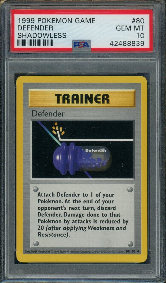 Defender 80/102 Base Set Common Shadowless Trainer PSA 10 Pokemon Card 1999