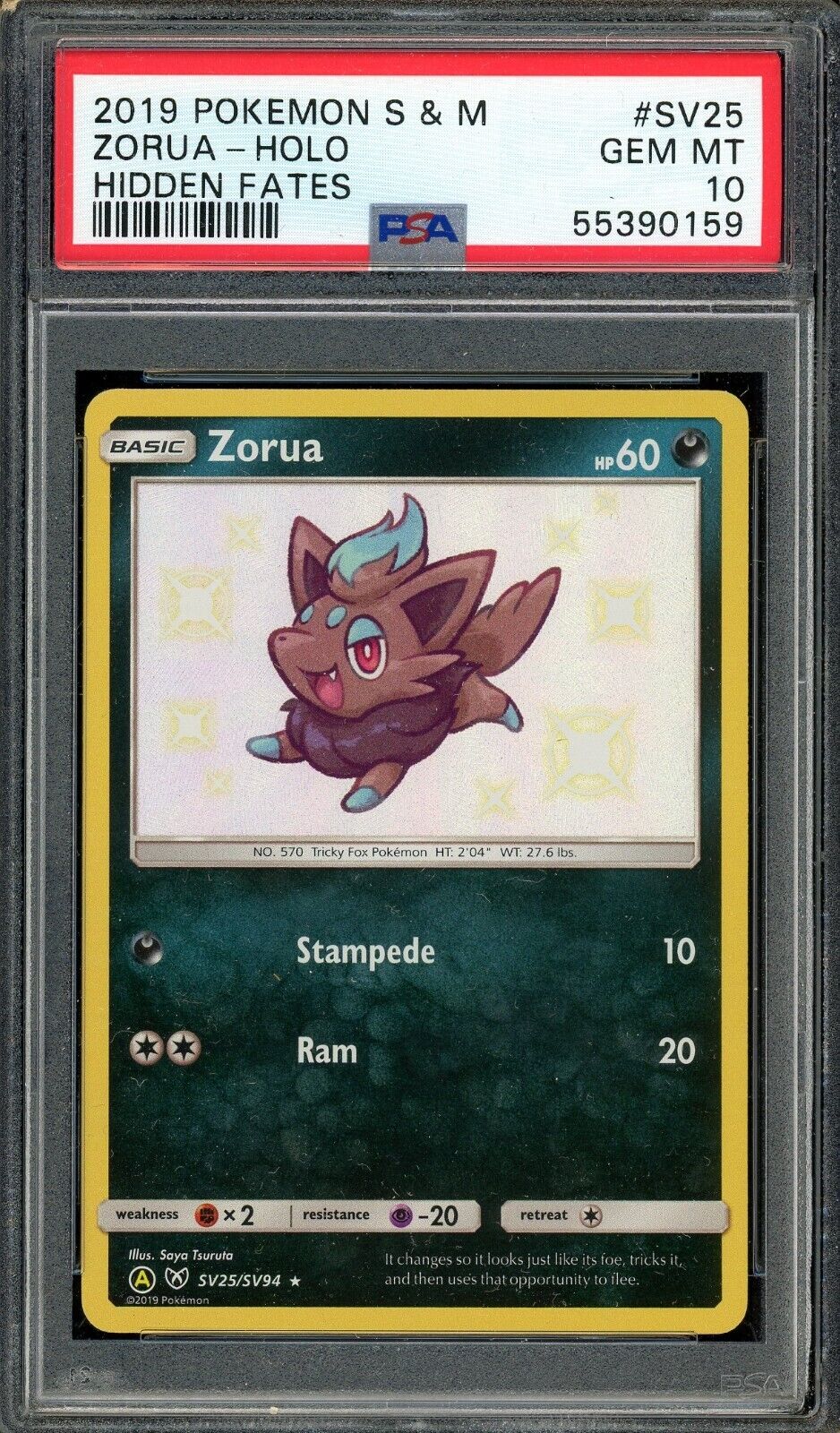 Zorua SV25/SV94 Hidden Fates Shiny Vault Holo Rare PSA 10 Pokemon Card