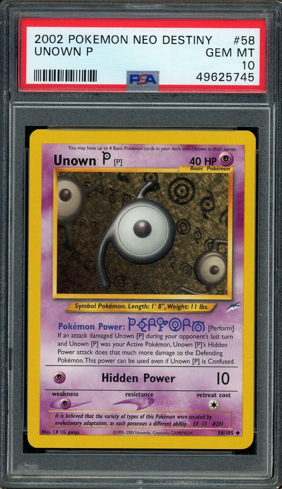 Unown P 58/105 Neo Destiny PSA 10 Pokemon Card