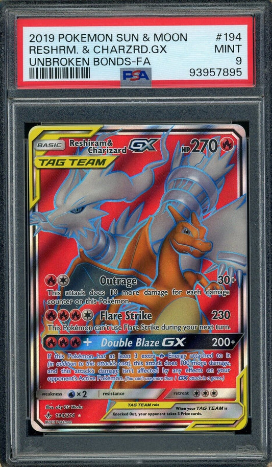 Reshiram & Charizard GX 194/214 SM Unbroken Bonds Full Art PSA 9 Pokemon Card