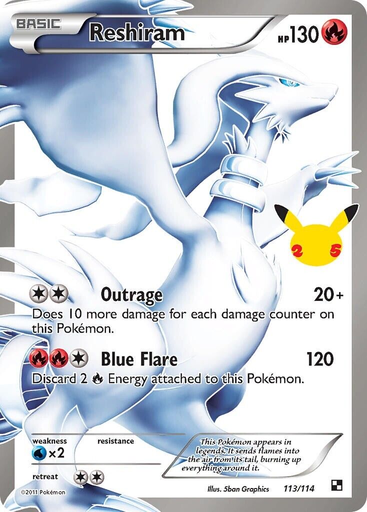 Reshiram 113/114 Celebrations 25th Anniversary Full Art Pokemon Card NM