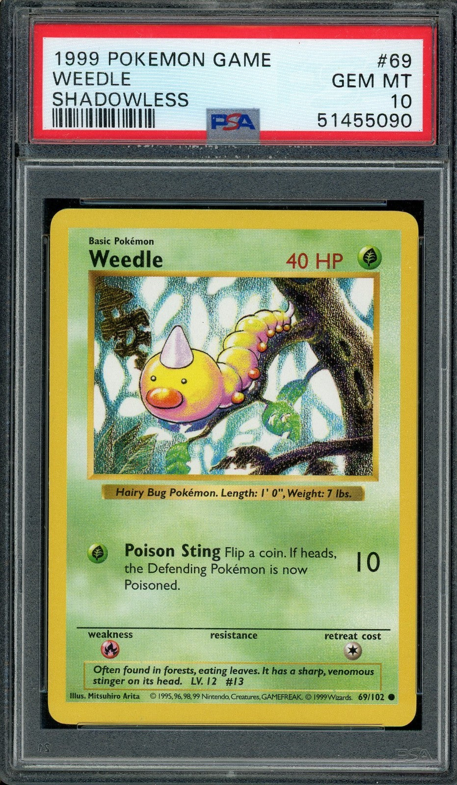 Weedle WOTC 69/102 card from Base Set Shadowless set PSA 10 graded