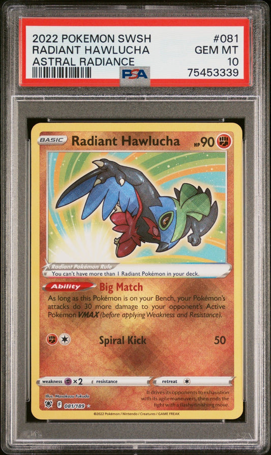 Radiant Hawlucha SWSH 081/189 Radiant Rare card from Astral Radiance set PSA 10 graded