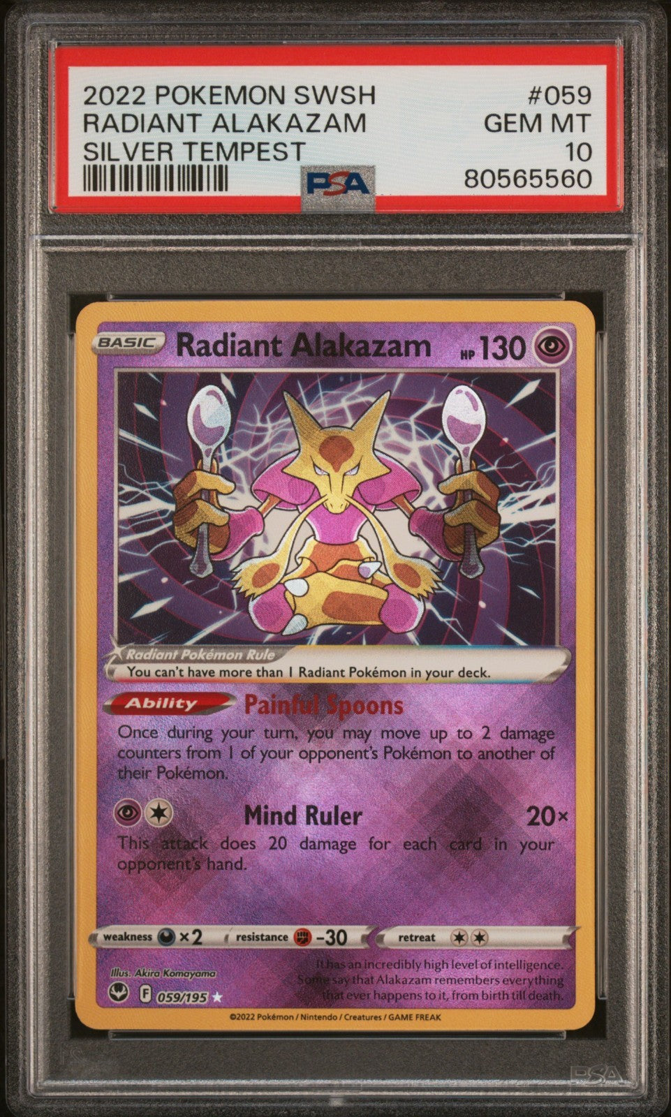 Radiant Alakazam SWSH 059/195 Radiant Rare card from Silver Tempest set PSA 10 graded