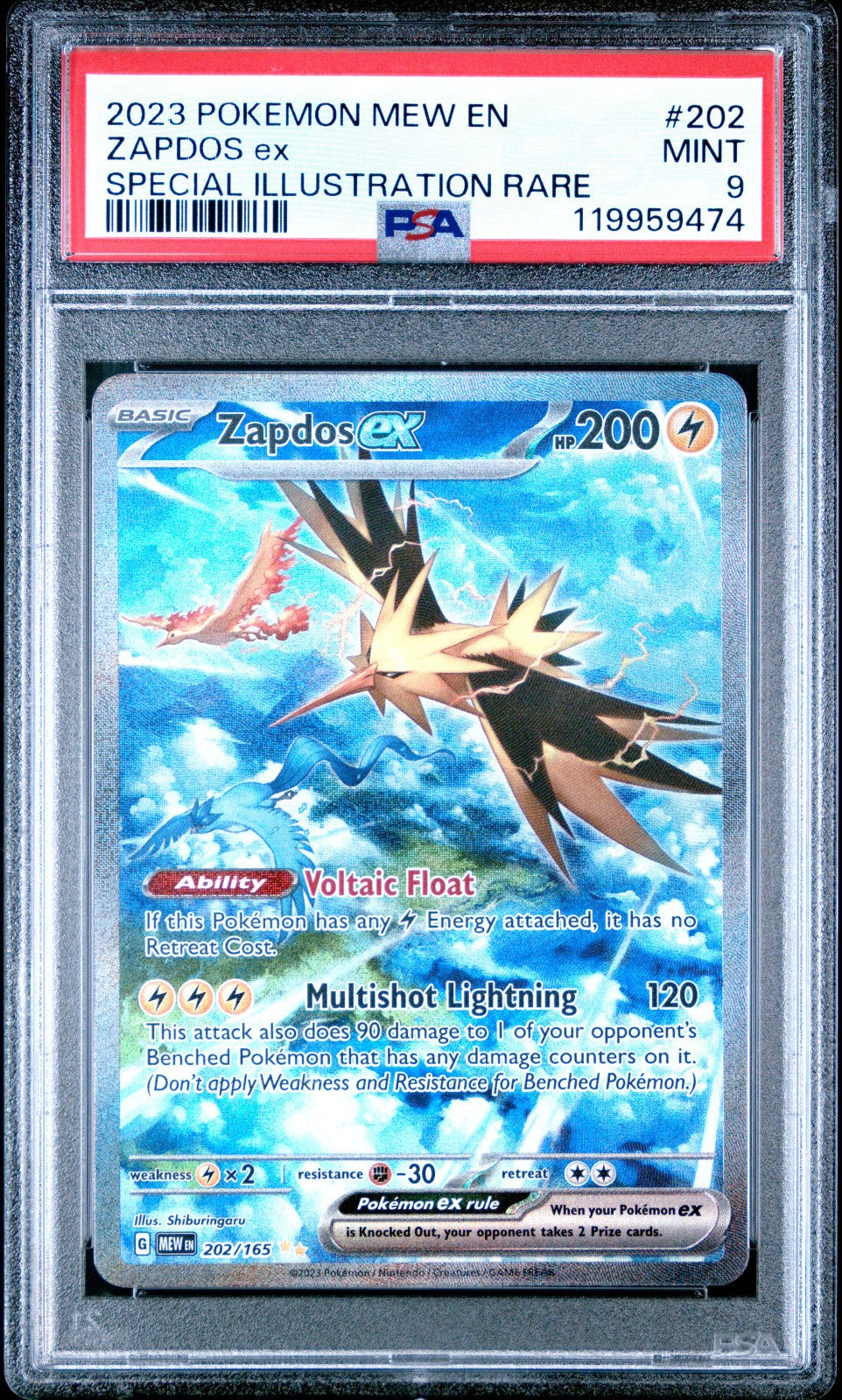 Zapdos ex 202/165 Special Illustration Rare card from Pokemon 151 set PSA 9 graded