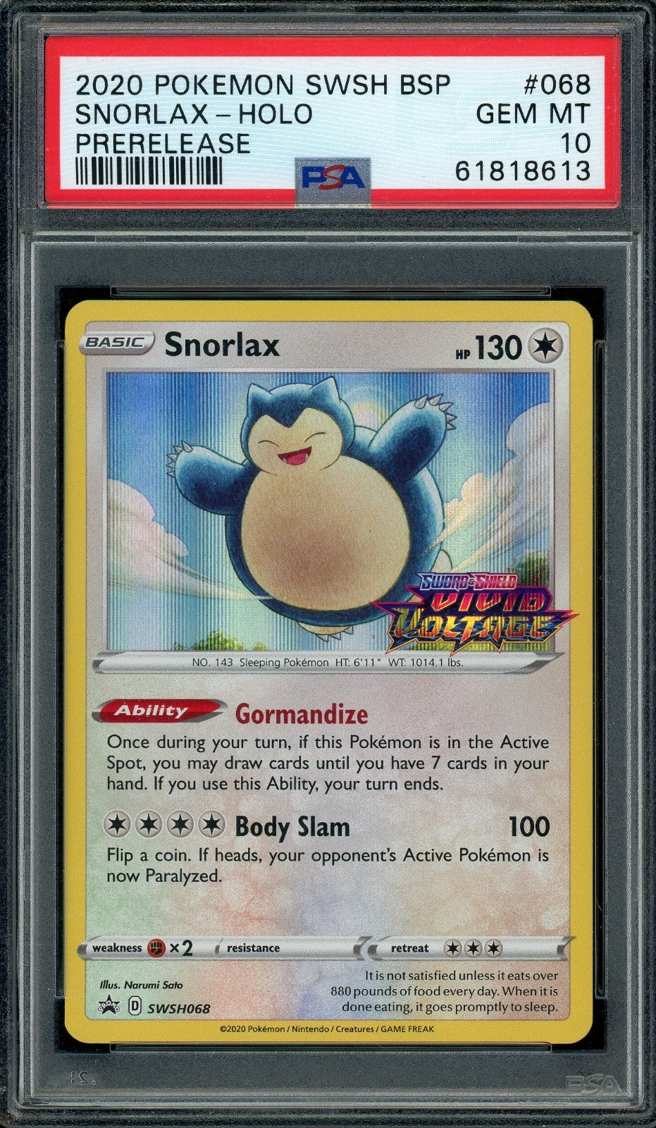 Snorlax SWSH068 Prerelease Promo Holo card from Vivid Voltage set PSA 10 graded