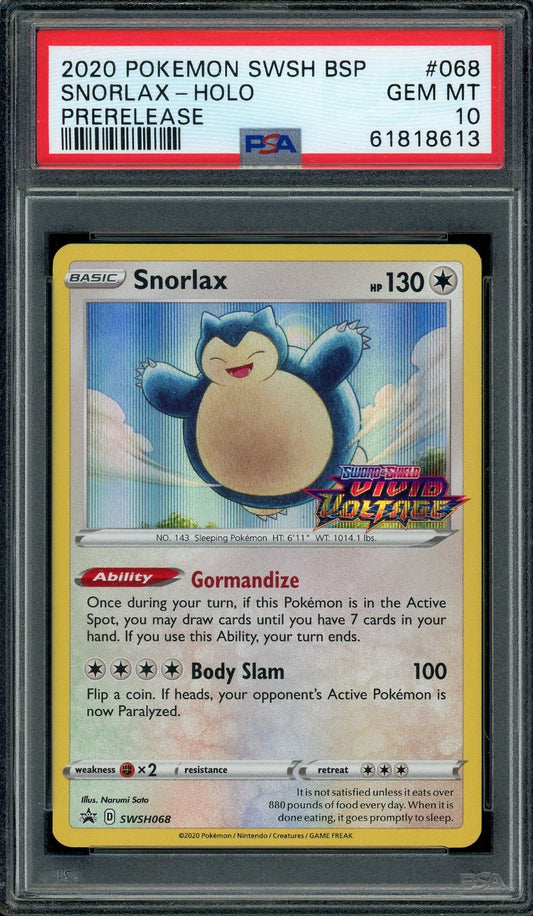 Snorlax SWSH068 Prerelease Promo Holo card from Vivid Voltage set PSA 10 graded