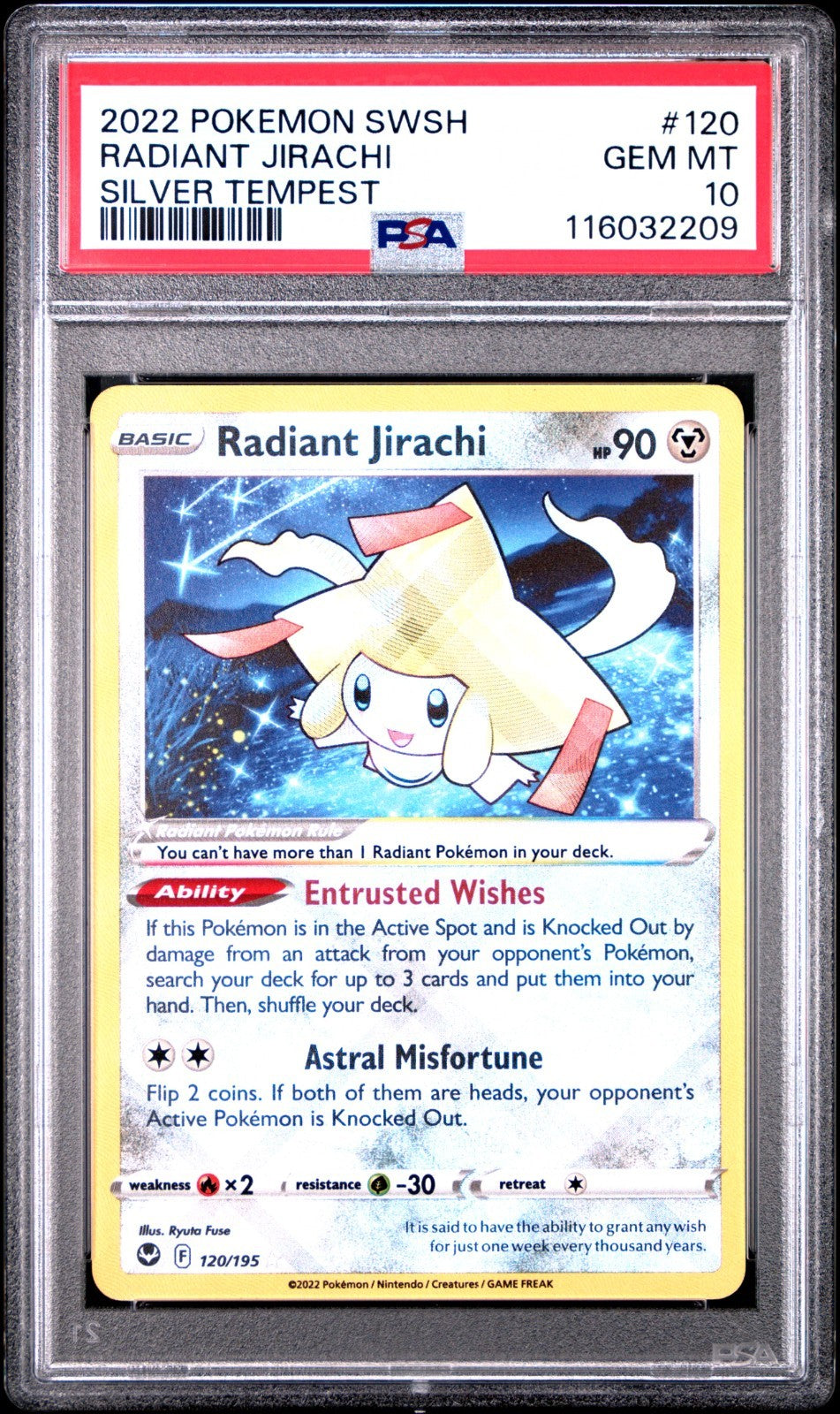 Radiant Jirachi SWSH 120/195 Radiant Rare card from Silver Tempest set PSA 10 graded