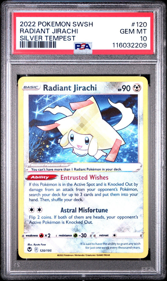 Radiant Jirachi SWSH 120/195 Radiant Rare card from Silver Tempest set PSA 10 graded