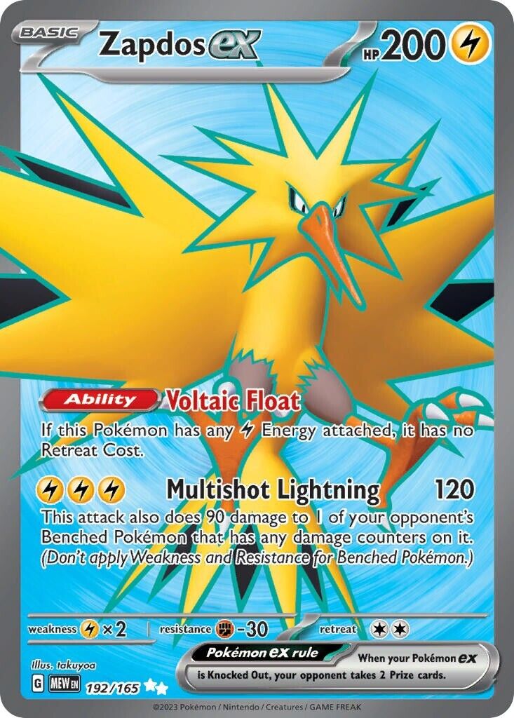 Zapdos ex 192/165 Scarlet & Violet Pokemon 151 Full Art Pokemon Card NM