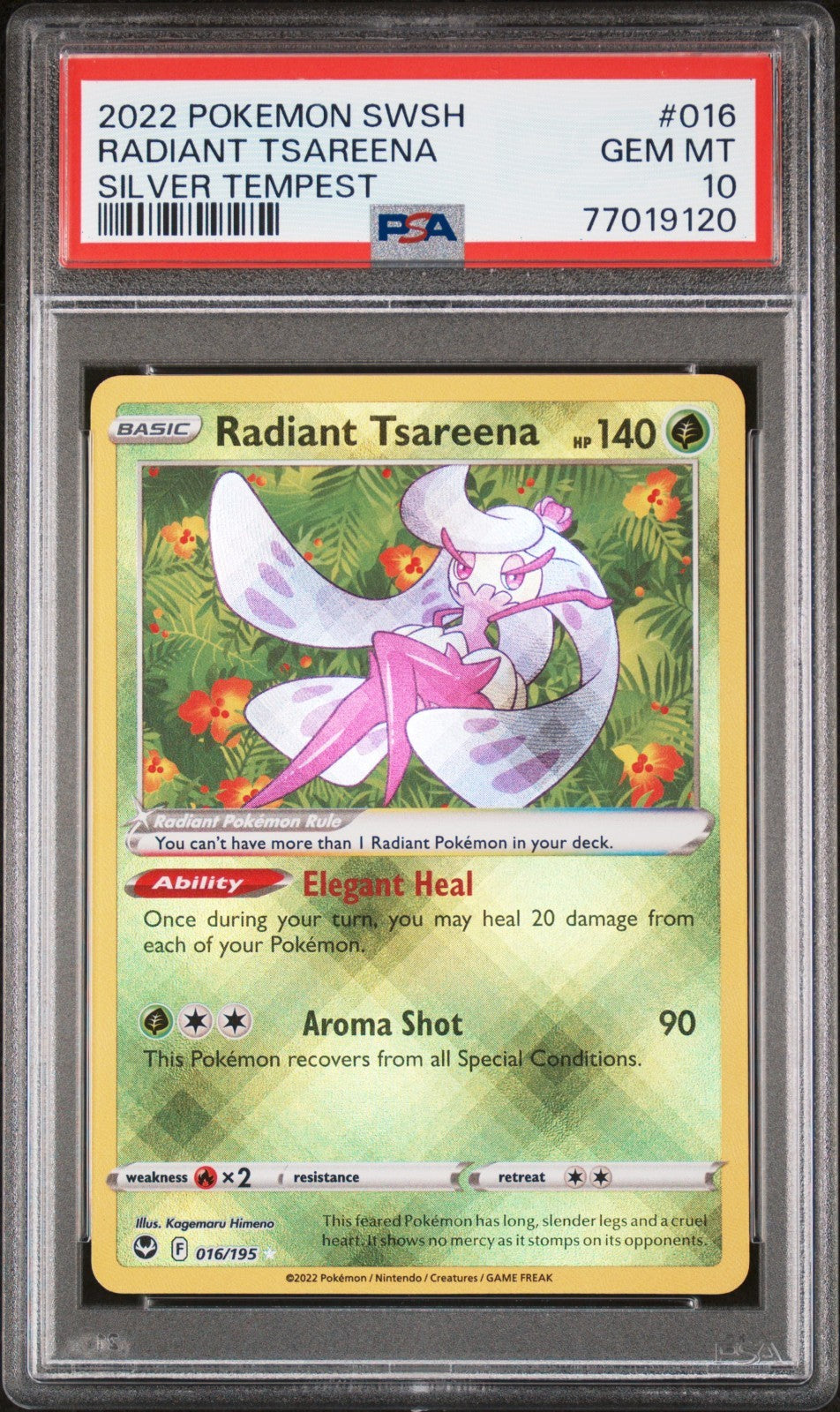 Radiant Tsareena SWSH 016/195 Radiant Rare card from Silver Tempest set PSA 10 graded