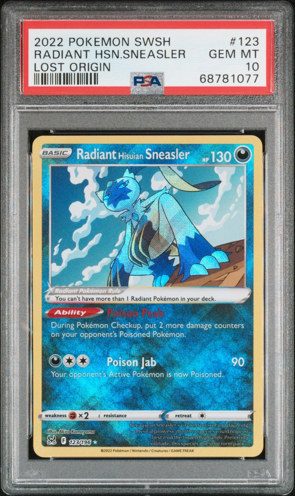 Radiant Hisuian Sneasler 123/196 Radiant Rare card from Lost Origin set PSA 10 graded