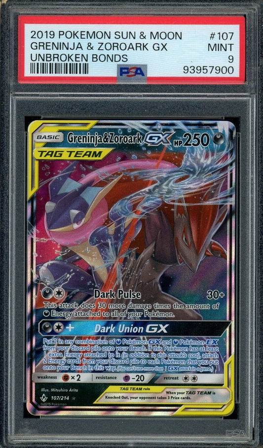 Greninja & Zoroark GX 107/214 SM Unbroken Bonds Ultra Rare PSA 9 Pokemon Card