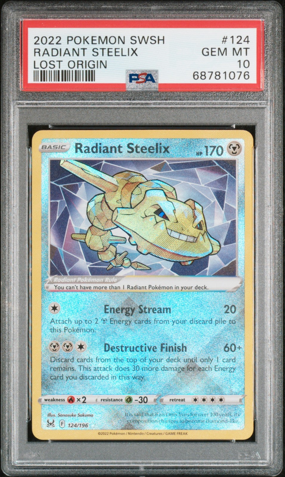 Radiant Steelix SWSH 124/196 Radiant Rare card from Lost Origin set PSA 10 graded