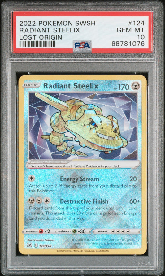 Radiant Steelix SWSH 124/196 Radiant Rare card from Lost Origin set PSA 10 graded