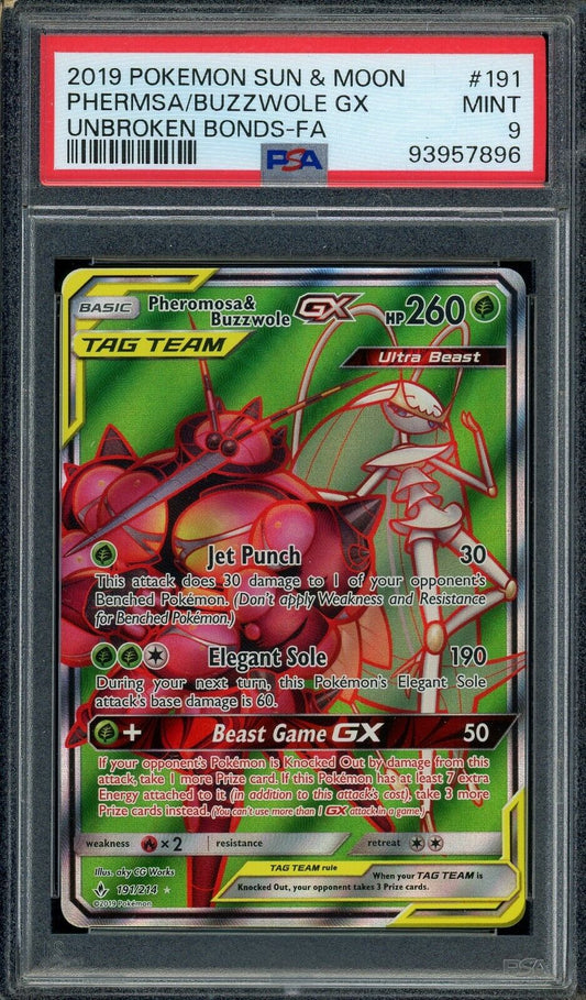 Pheromosa & Buzzwole GX 191/214 SM Unbroken Bonds Full Art PSA 9 Pokemon Card