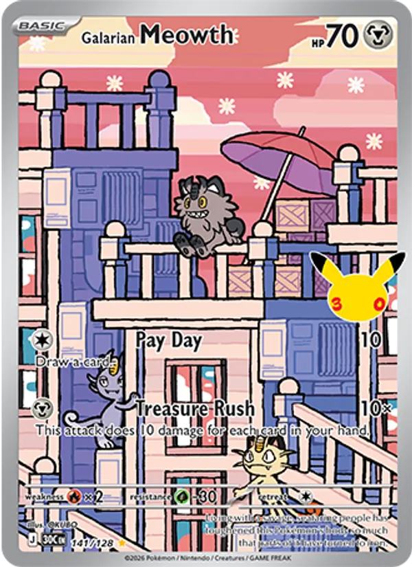 Galarian Meowth 141/128 30th Celebration Illustration Rare Pokemon Card NM