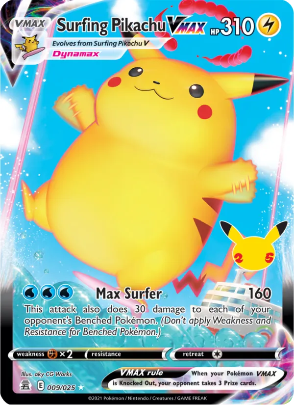 Surfing Pikachu VMAX 009/025 Celebrations Pokemon Card NM